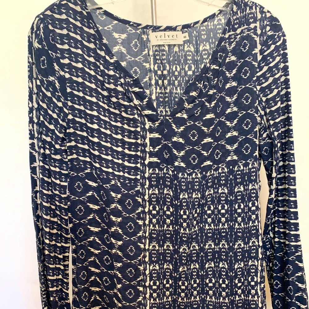 Velvet by Graham & Spencer Navy and Cream Patterned Long Sleeve Blouse